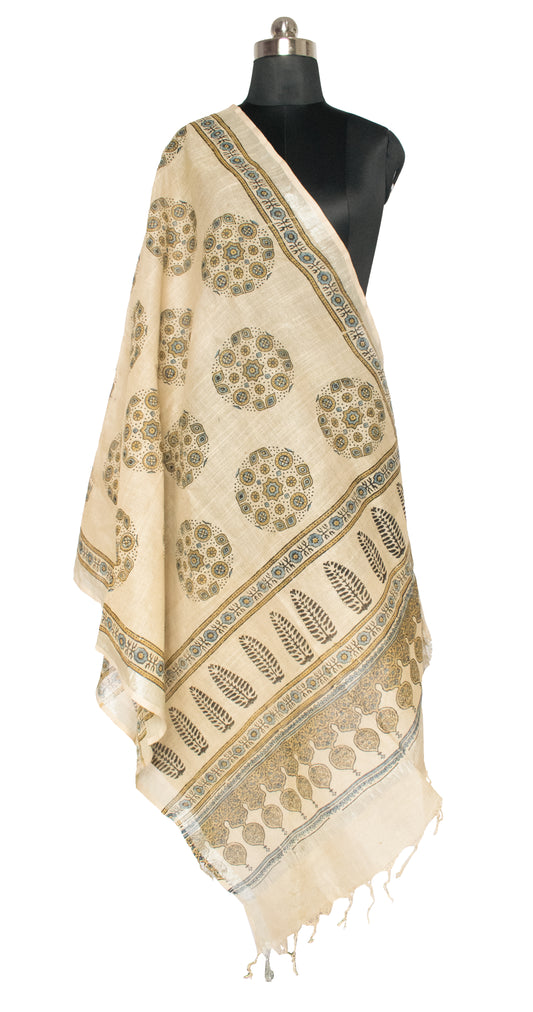 Ajrakh Linen Natural Dye Hand Block Print Dupatta With Tassels - 2.3 Mtr Length - SKU: RD03602F