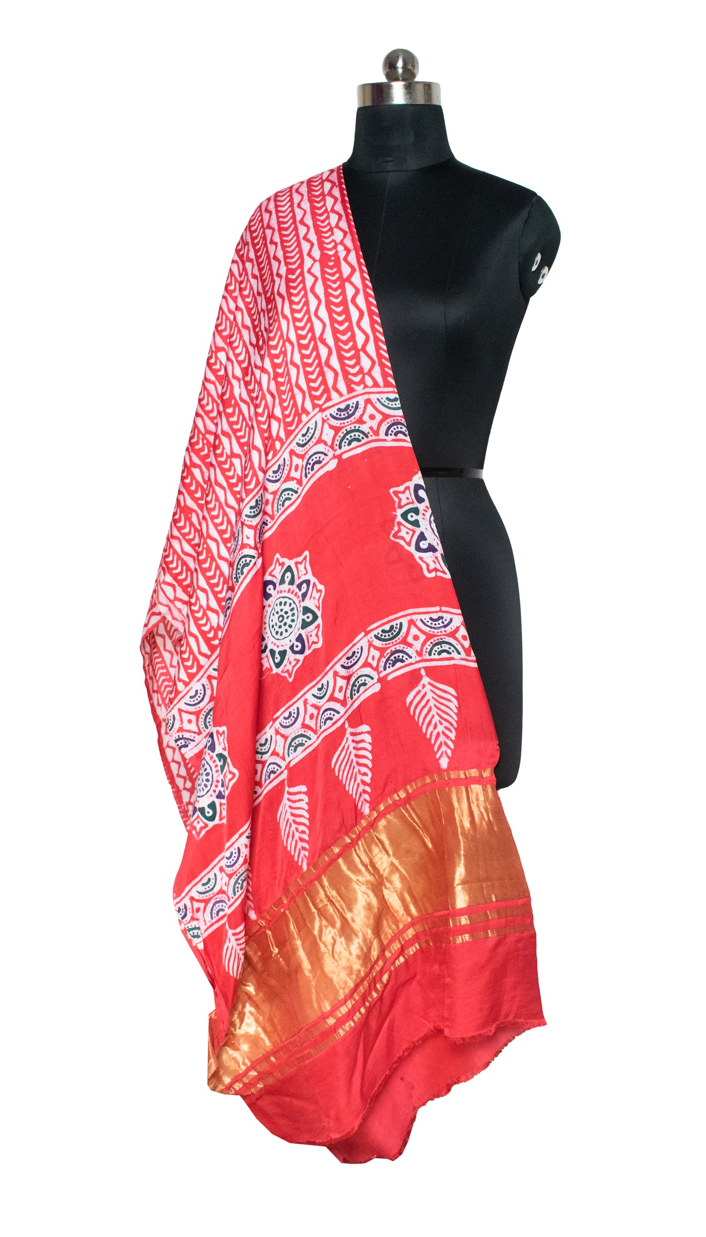 Wax Batik Modal Silk Hand Block Print Dupatta   With Golden Border  - 2.65 Mtr Length  -  SKU: HM23701C