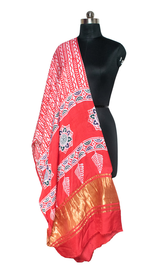 Wax Batik Modal Silk Hand Block Print Dupatta With Golden Border - 2.65 Mtr Length - SKU: HM23701C
