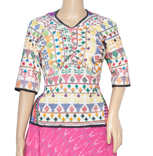Dhebariya Rabari Work Cotton Fine Threadwork Hand Embroidery Kajari - SKU: SD28503A