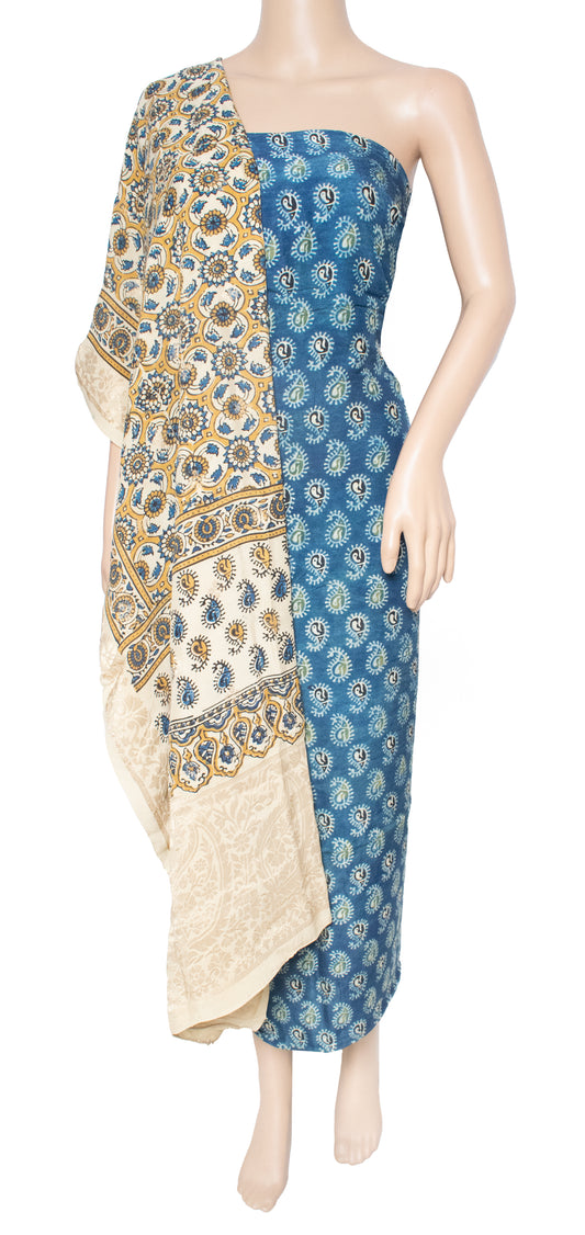 Ajrakh Dola Silk Natural Dye Hand Block Print Kurta-Dupatta (Two Piece Set)  with 36 Inch Nakshi Border Dupatta  - 2.4 Mtr Length  -  SKU: ID09502B