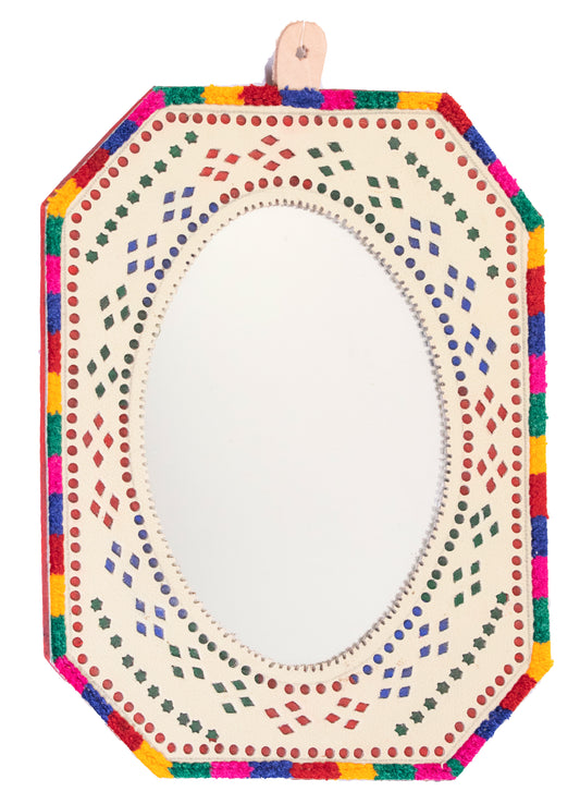 Leather Craft Punch Work Rexine Mirror  Large  - Rectangle Cut Corner with Oval Mirror  -  SKU: AH25604D