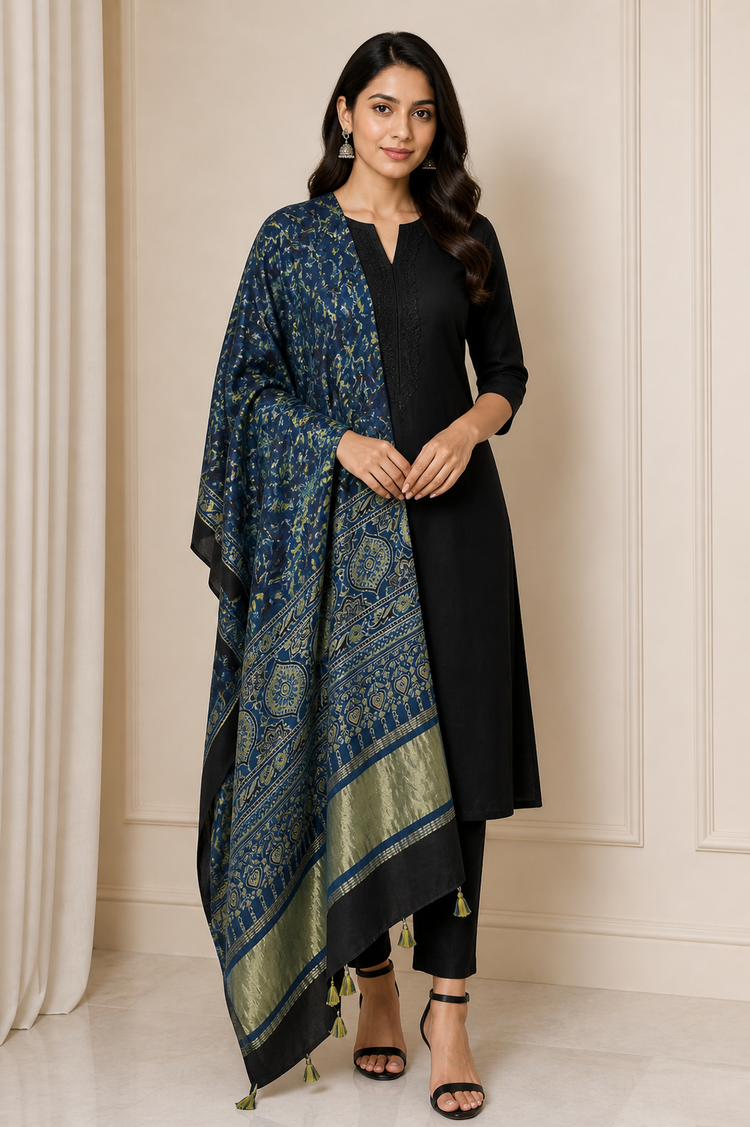 Ajrakh Modal Silk Natural Dye Golden Border Hand Block Print Dupatta