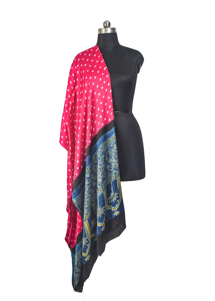 Bandhej [ Tie-Dye] Modal Silk Part Natural Dye Ajrakh Pallu Hand Block Print Dupatta