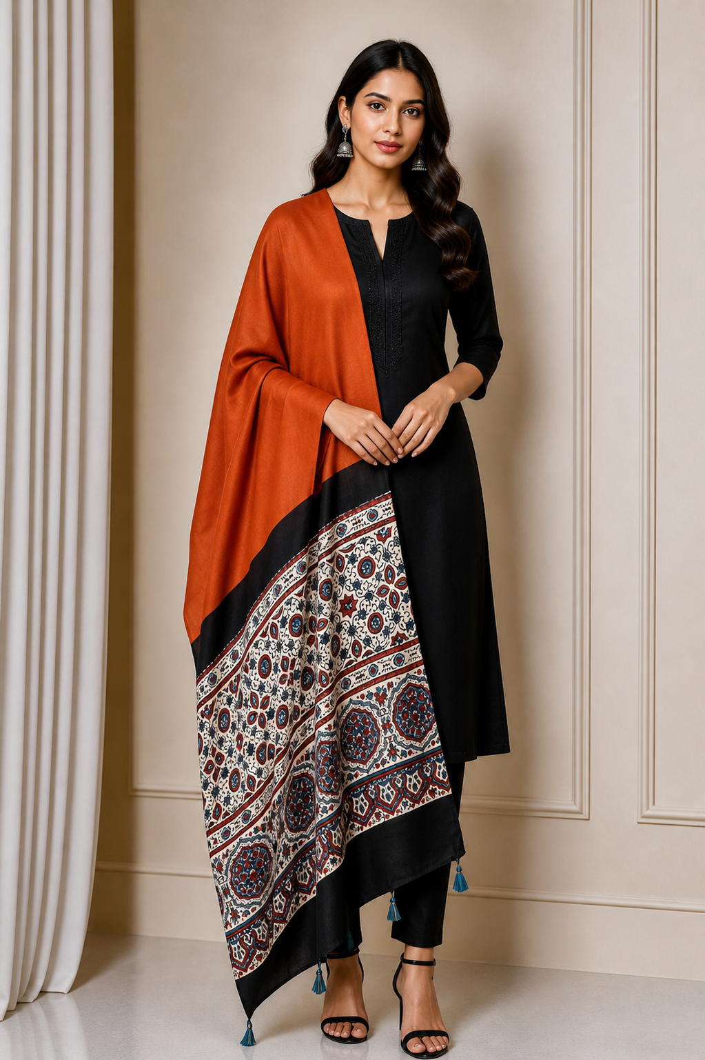 Ajrakh Modal Silk Part Natural Dye Half Plain Dyeing with Tassels Dupatta