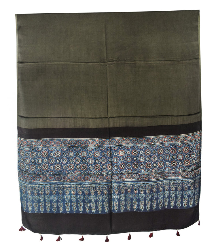 Ajrakh Modal Silk Part Natural Dye Half Plain Dyeing with Tassels Dupatta