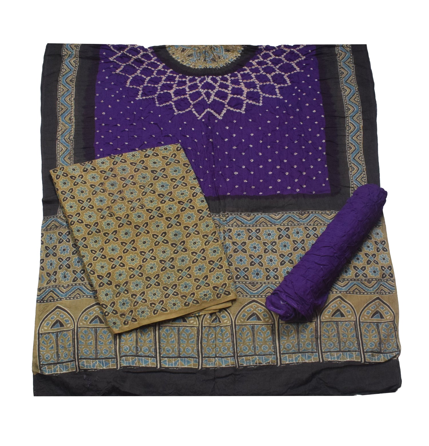 Ajrakh Satin Cotton Part Natural Dye Hand Block Print Dress Material