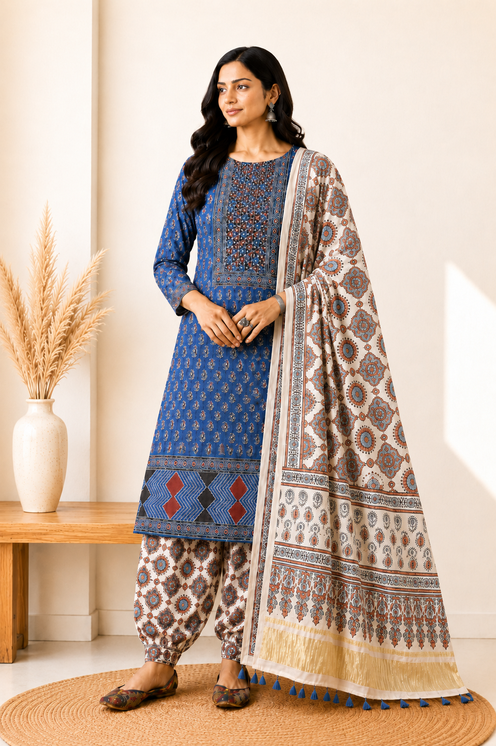 Ajrakh Modal Silk Natural Dye with Jari Border Dupatta Dress Material