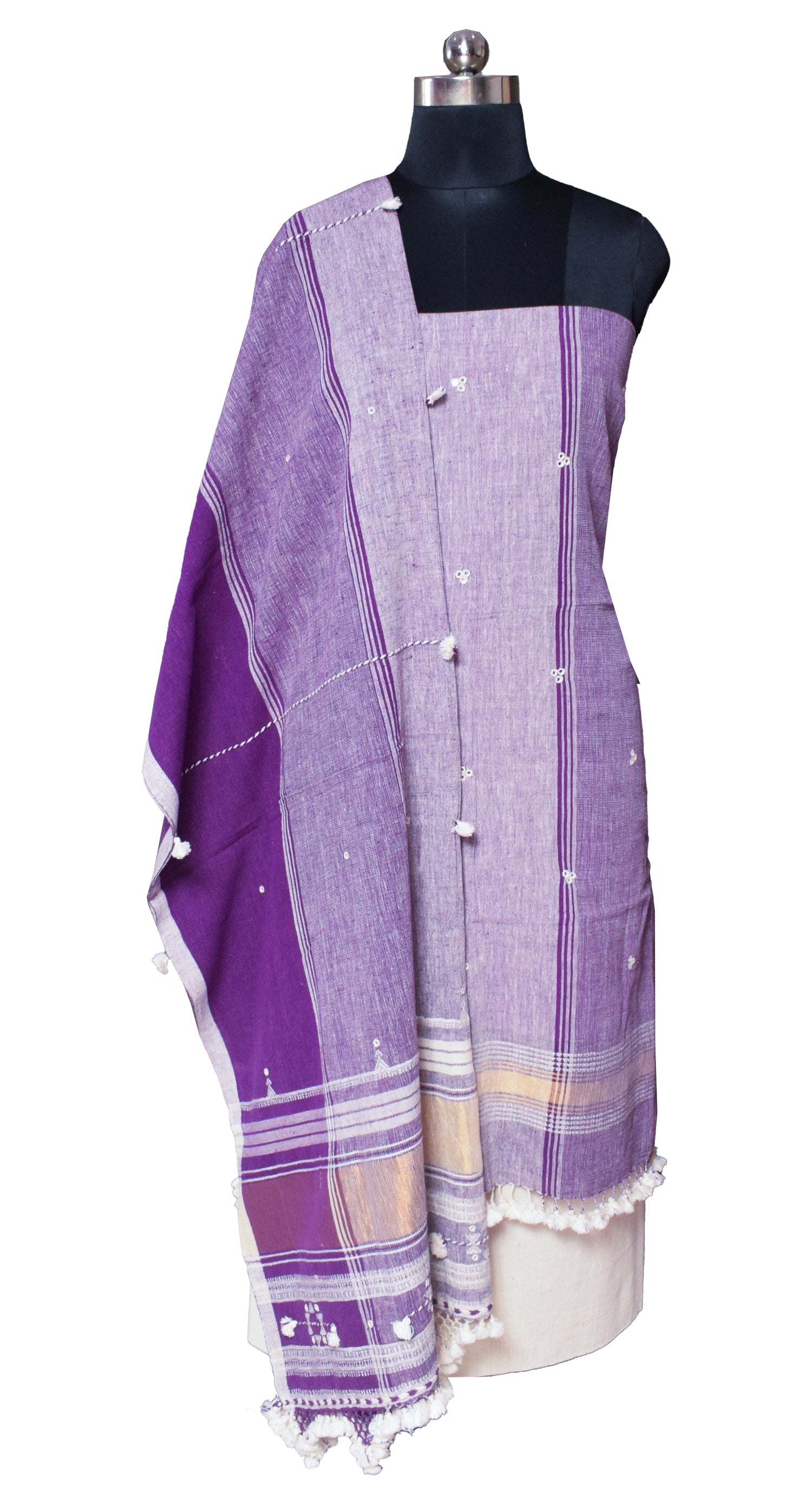 Handloom Woven Kala Cotton Patterned Weaving with Tassels Dress Material