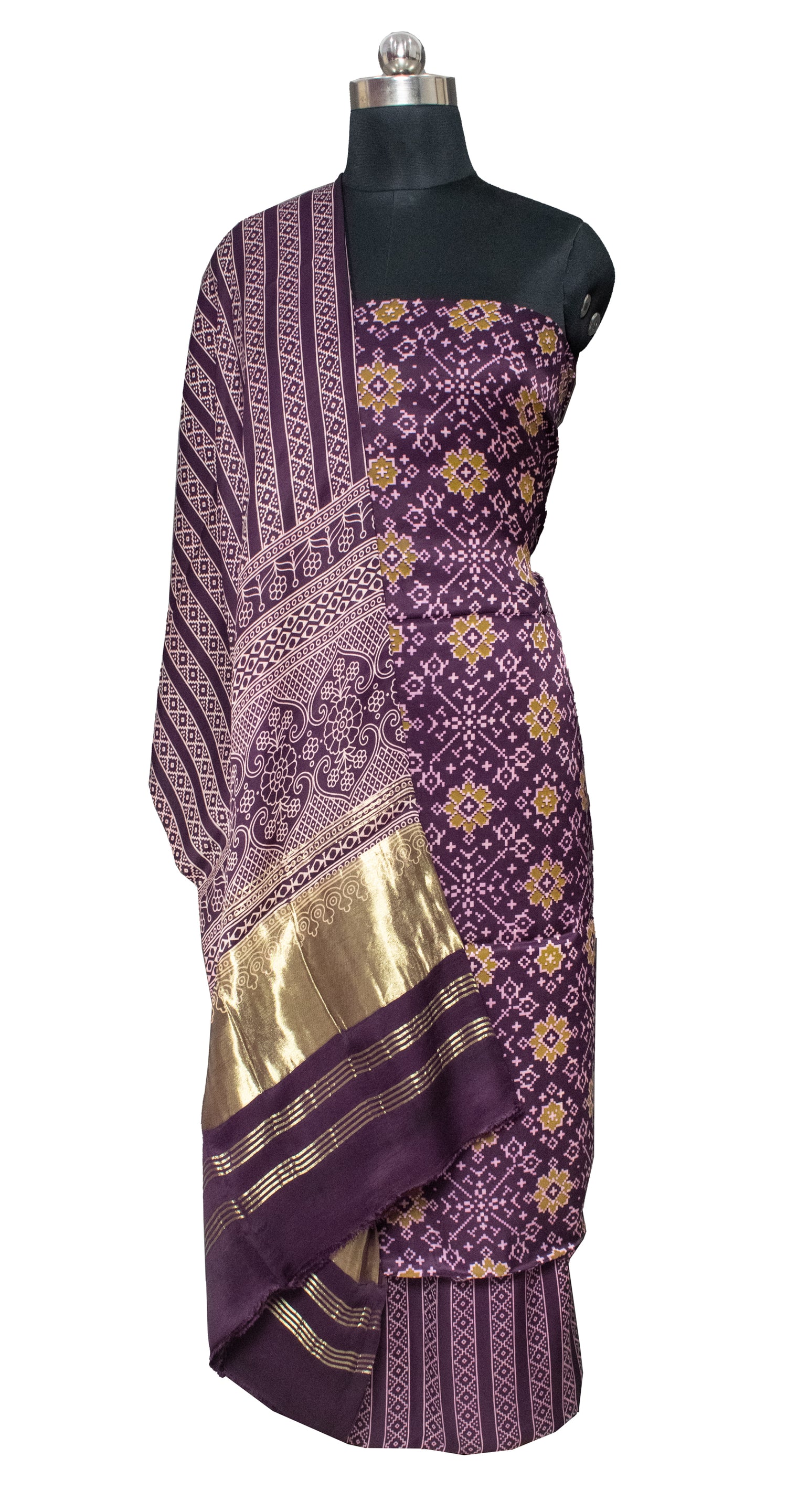 Ajrakh Modal Silk Screen Print Hand Printed Dress Material with Golden Border Dupatta