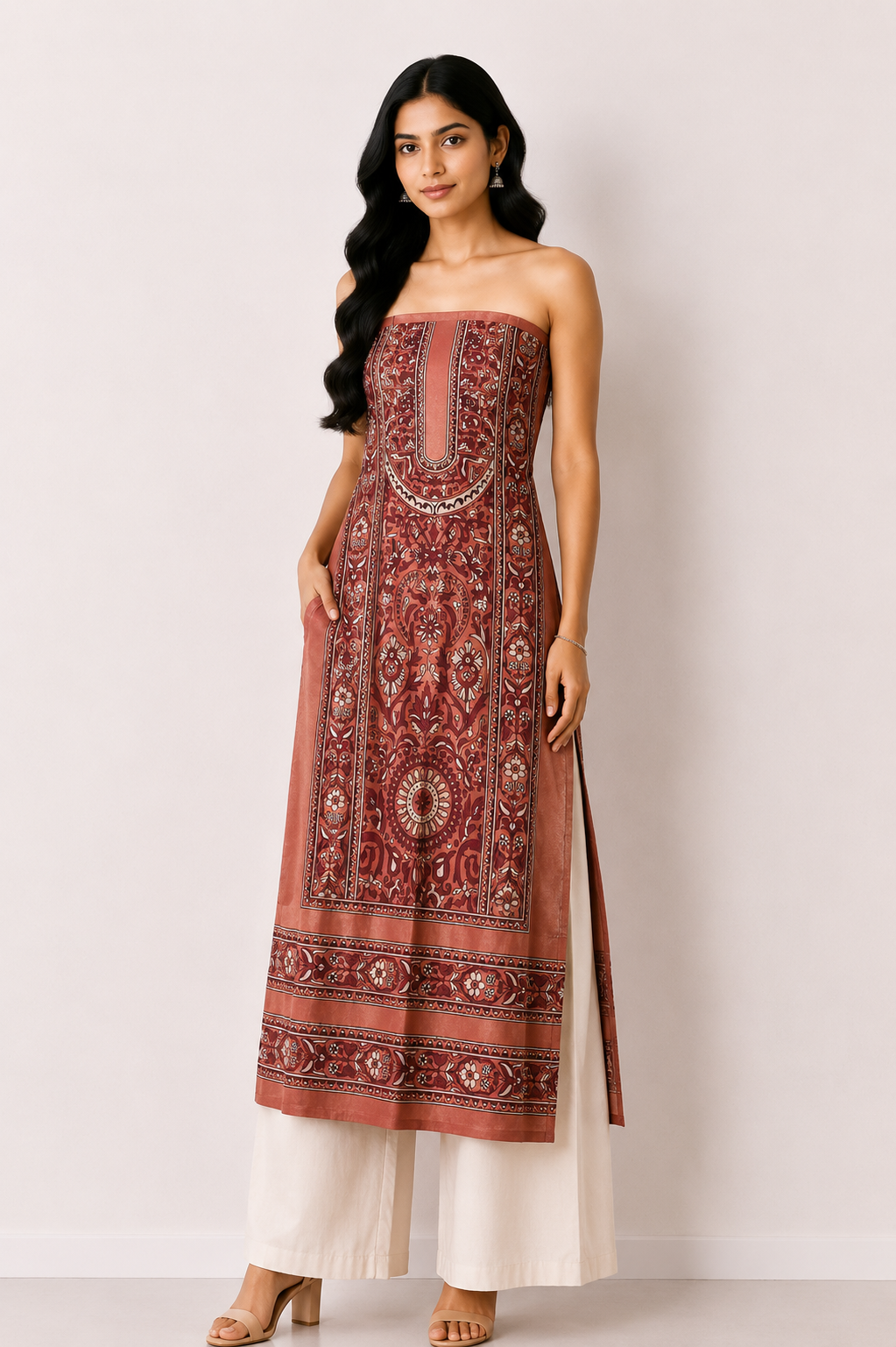 Ajrakh Mashru Silk Natural Dye Screen Hand Printed Unstitched Kurta Fabric