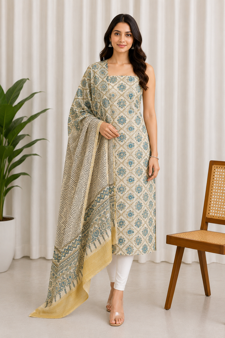 Ajrakh Chanderi Silk Natural Dye Kurta-Dupatta (Two Piece Set)