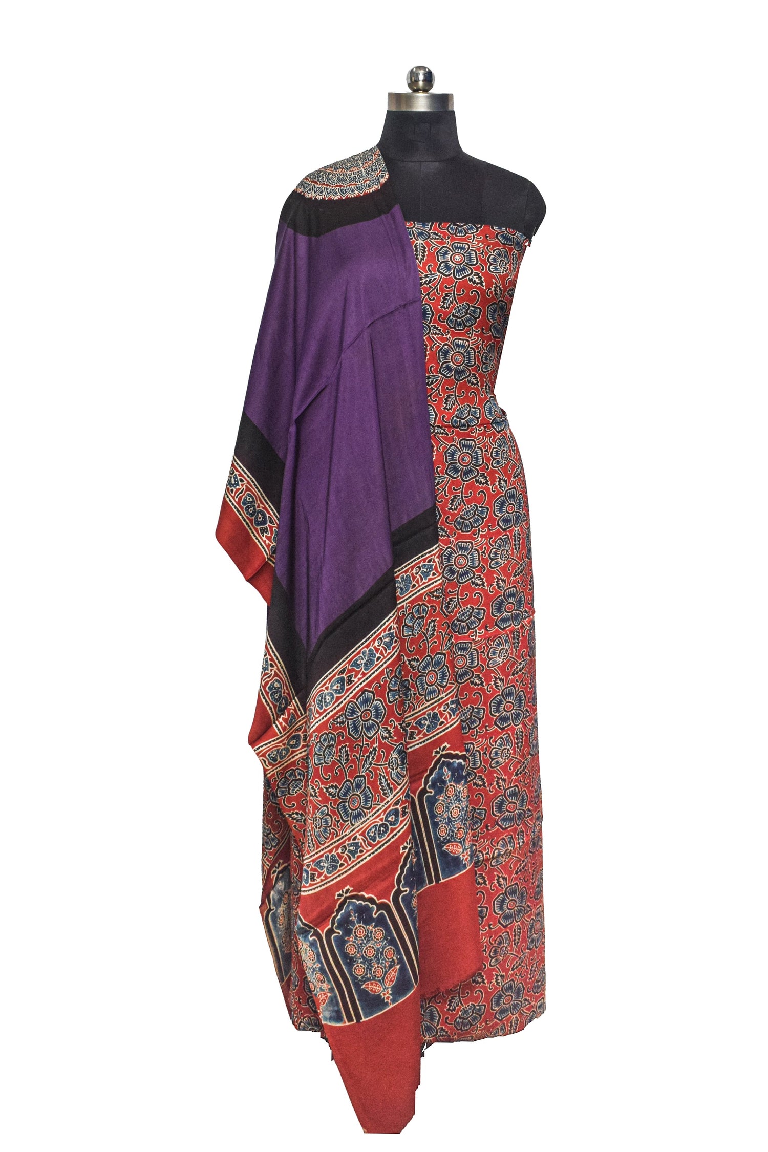 Ajrakh Modal Silk Part Natural Dye Plain Dyeing Ajrakh Border Dupatta  with Tassels Kurta-Dupatta (Two Piece Set)