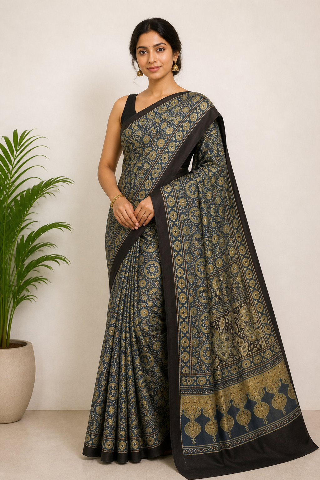 Ajrakh Modal Silk Natural Dye Hand Block Print Saree