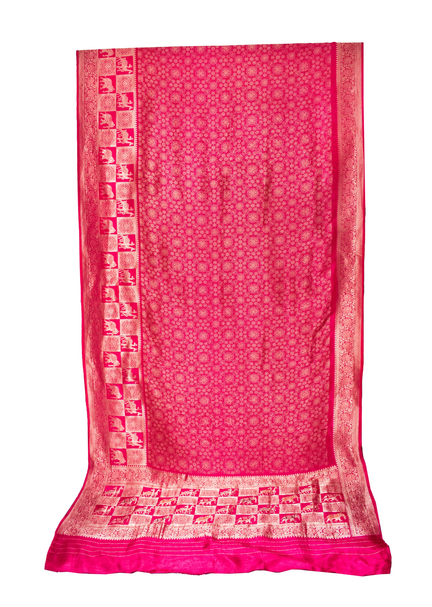 Ajrakh Dola Silk Nepthol Dye With Full Nakshi Border With Worked Blouse Piece Saree