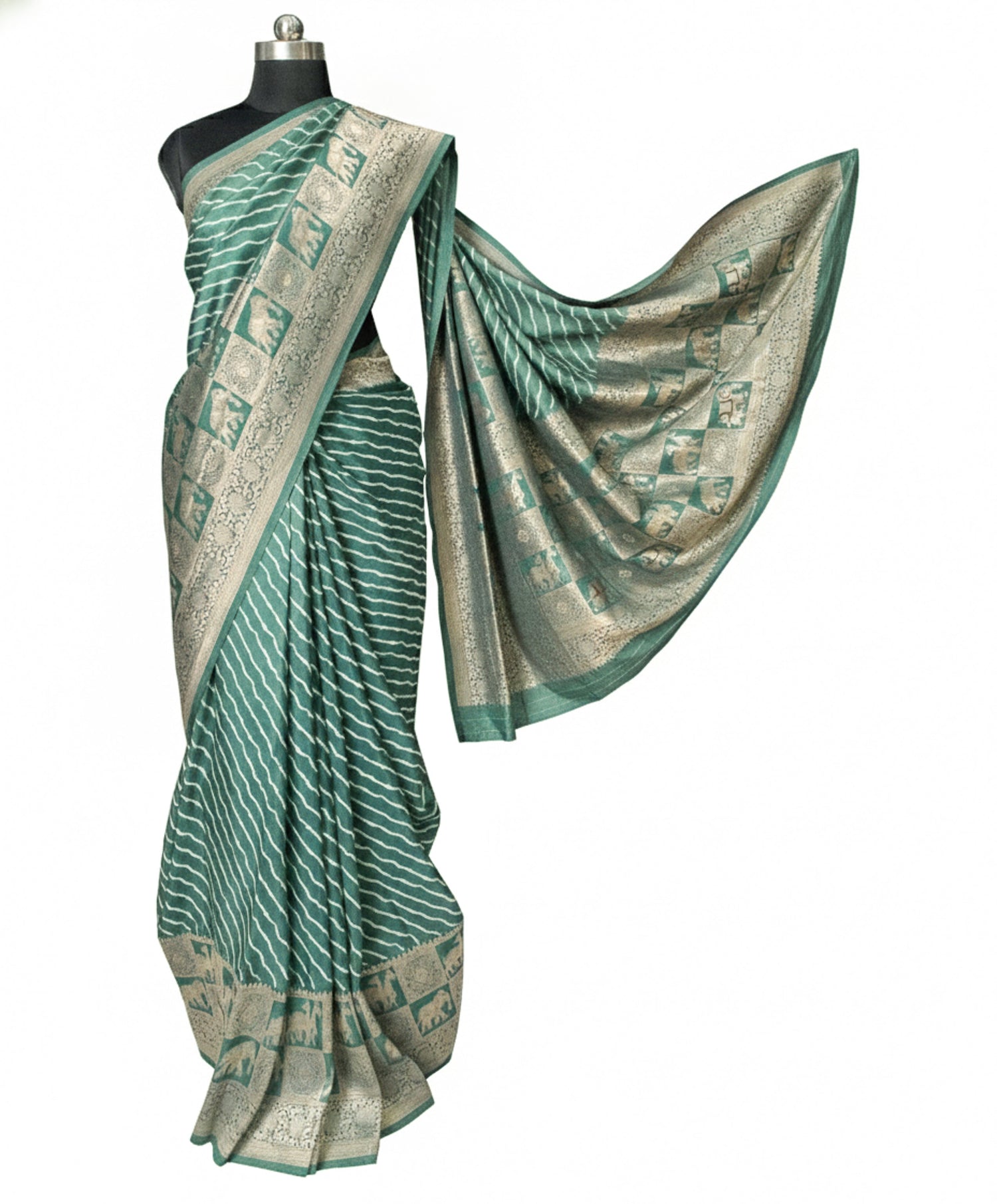 Laheryu Print Dola Silk With Full Nakshi Border Saree With Worked Blouse Piece