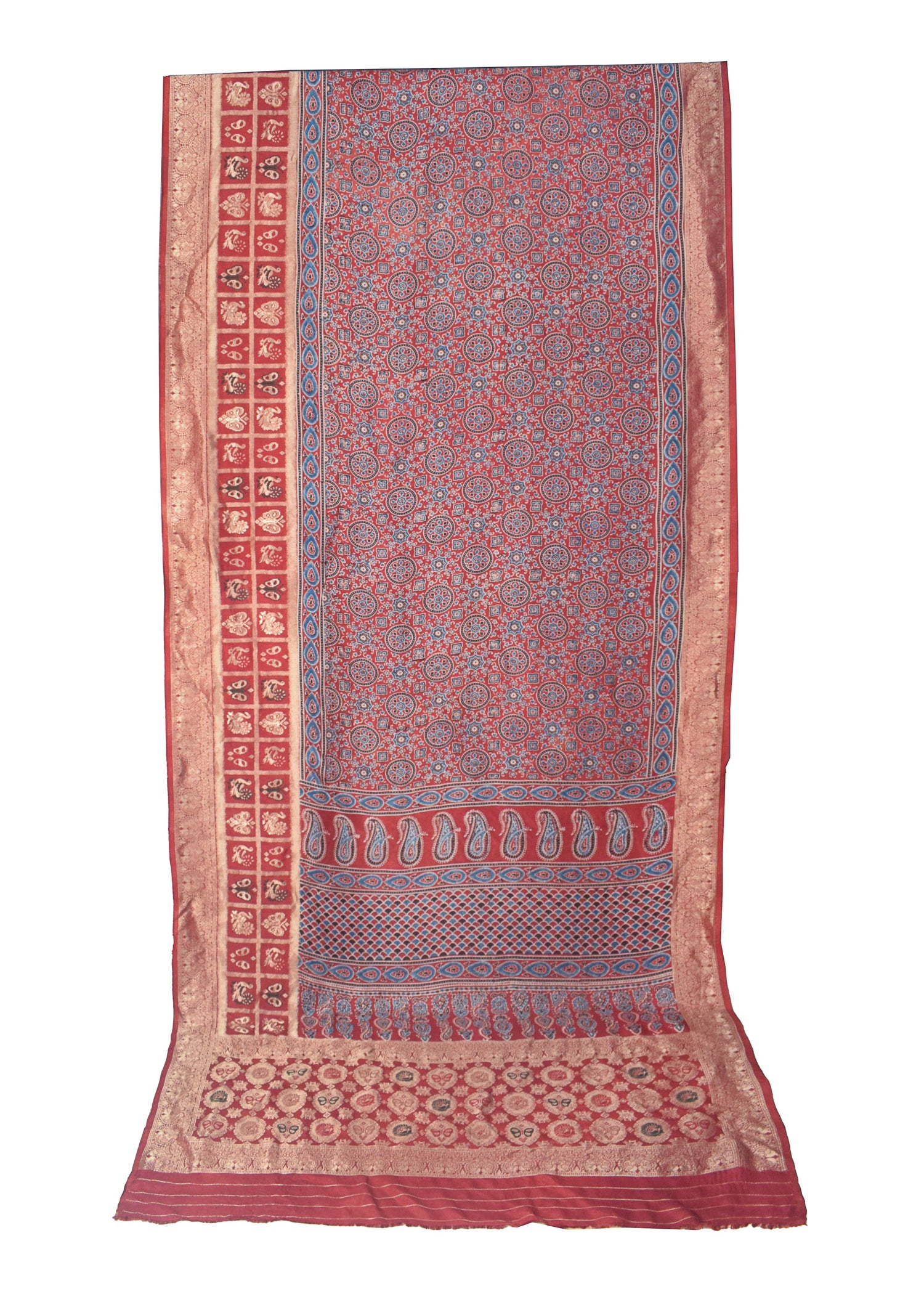 Ajrakh Dola Silk Natural Dye Hand Block Print Saree With Full nakshi Border