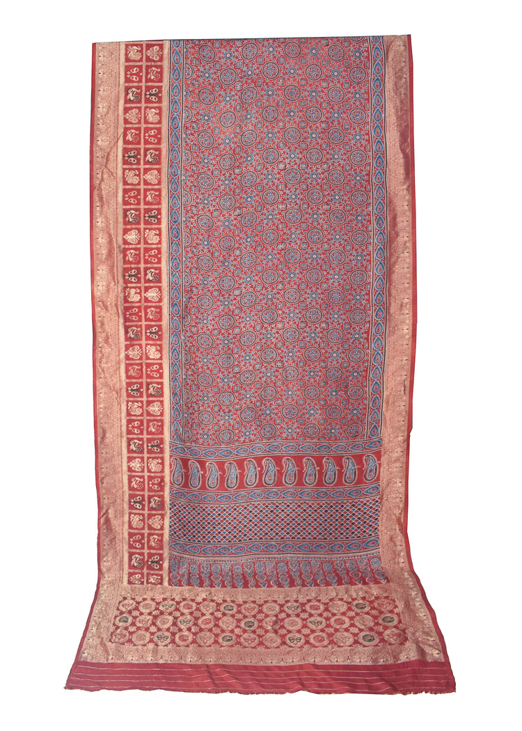 Ajrakh Dola Silk Natural Dye Hand Block Print Saree With Full nakshi Border