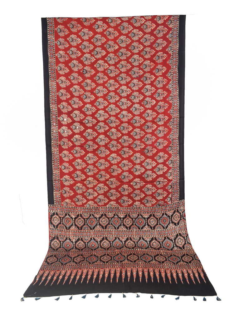 Ajrakh Modal Silk Natural Dye Three Colour Full Printed ( 3 Kam ) Hand Block Print Saree Mirror Work