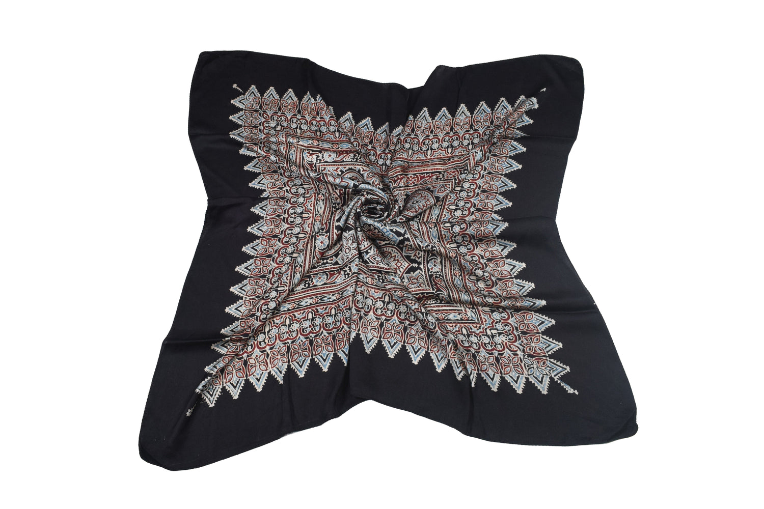 Ajrakh Modal Silk Natural Dye Three Colour Print ( 3 Kam ) Hand Block Print Scarf