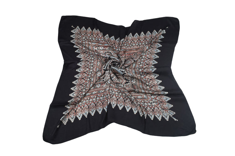 Ajrakh Modal Silk Natural Dye Three Colour Print ( 3 Kam ) Hand Block Print Scarf