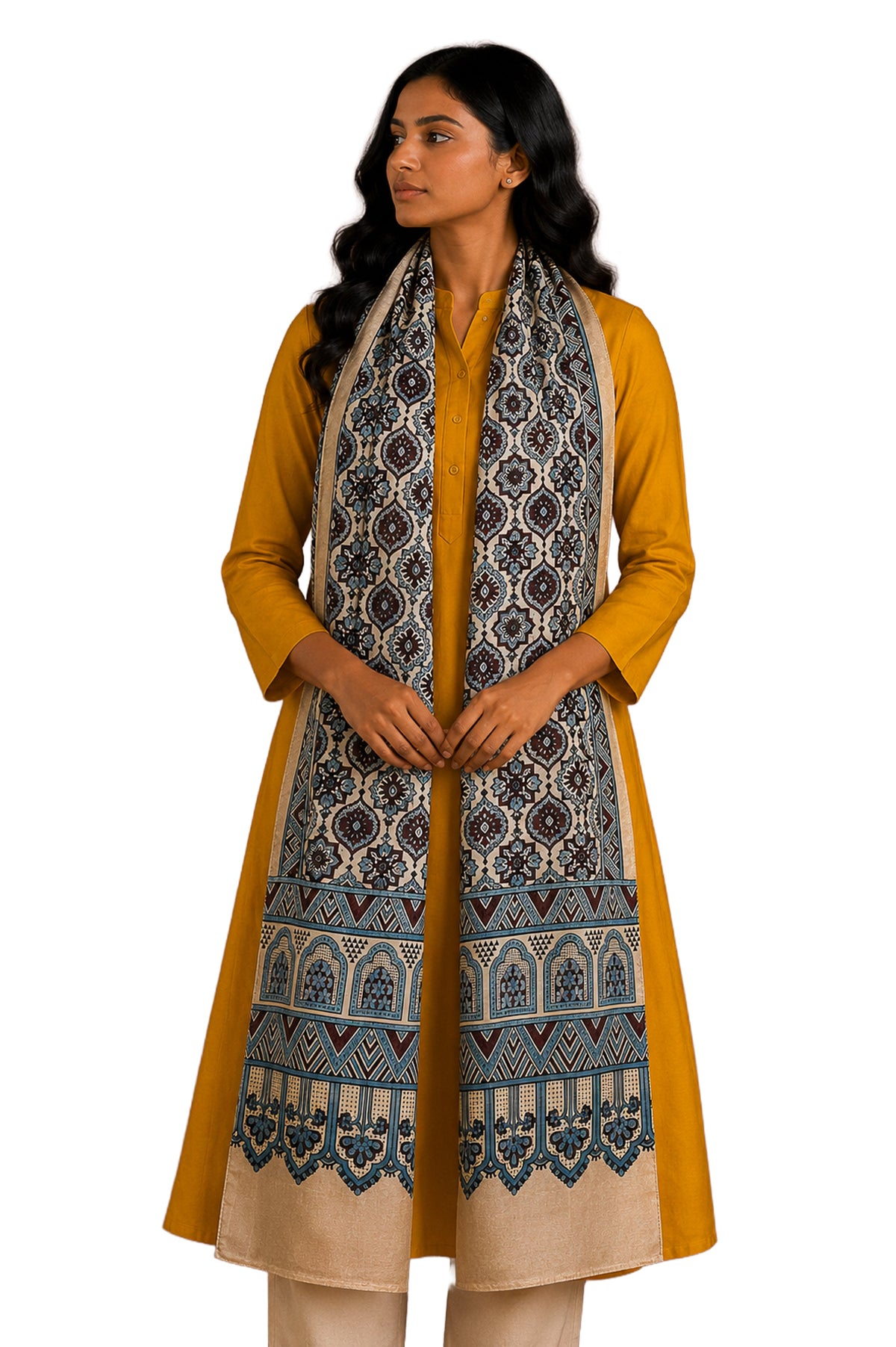 Ajrakh Mashru Silk Natural Dye Screen Print Hand Printed Stole