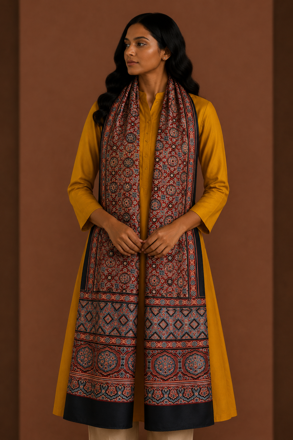 Ajrakh Mashru Silk Natural Dye Screen Print Hand Printed Stole