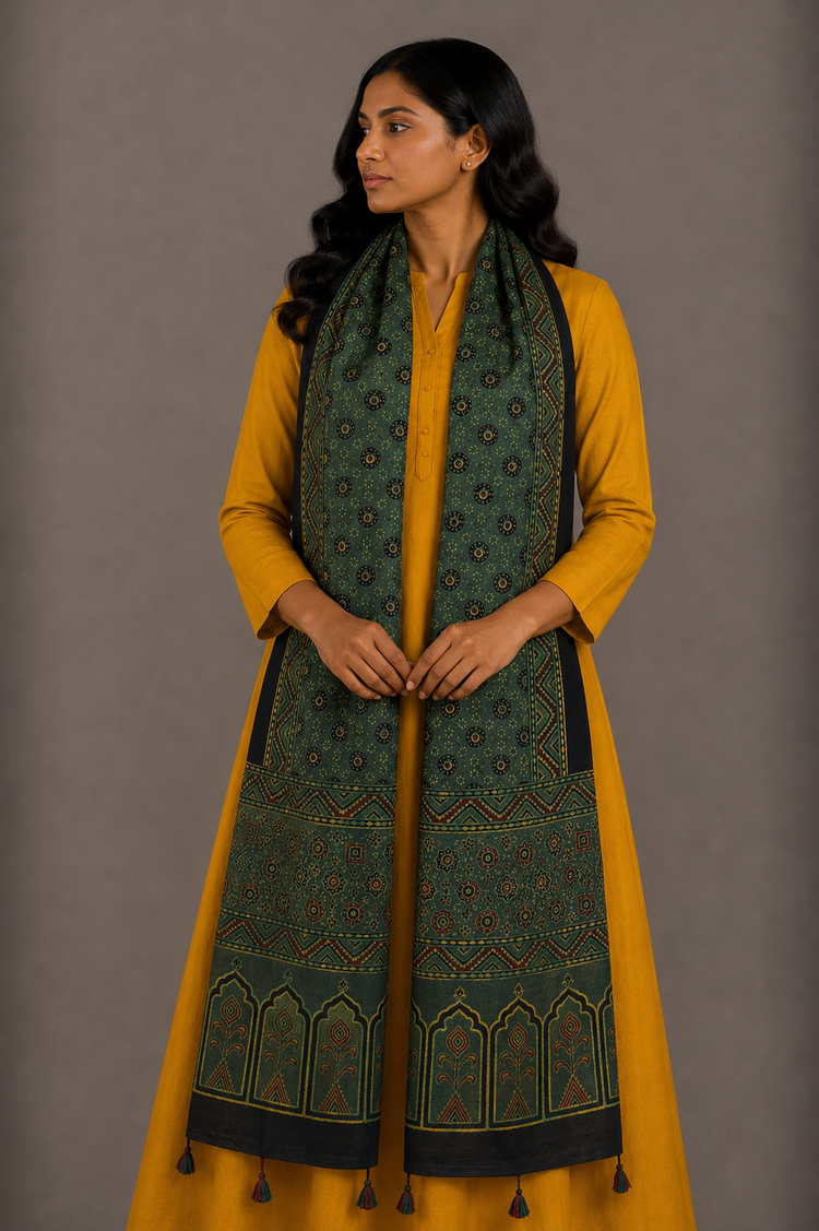 Ajrakh Mashru Silk Natural Dye Hand Block Print Stole