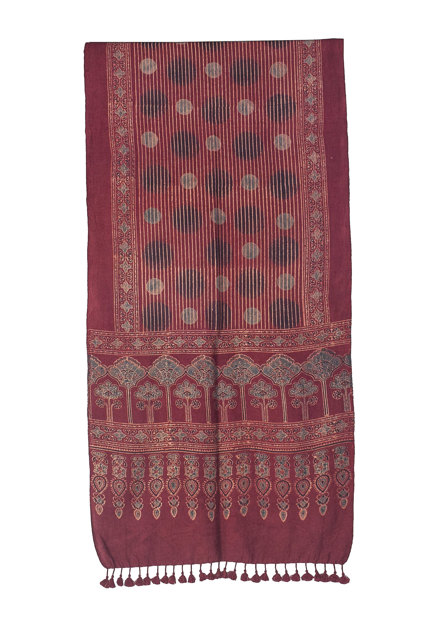 Ajrakh merino wool Natural Dye Hand Block Print Stole With Tassels