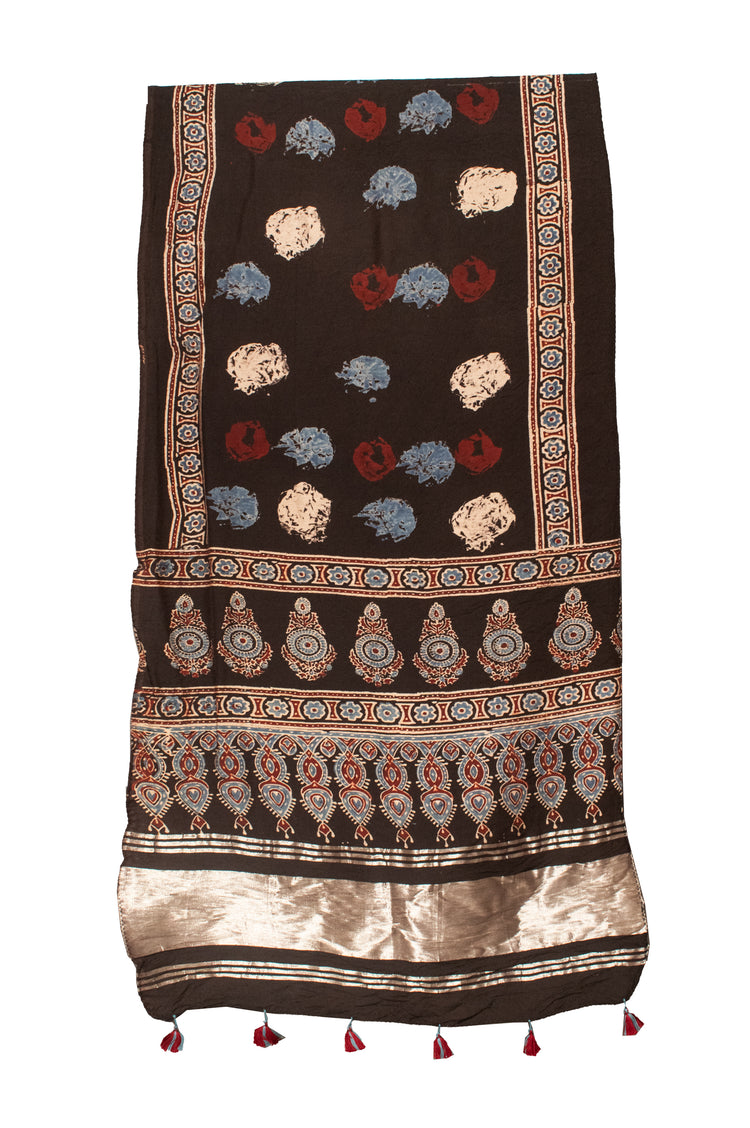 Ajrakh Chanderi Cotton Silk Natural Dye Lagdi Patto with Tassels Stole