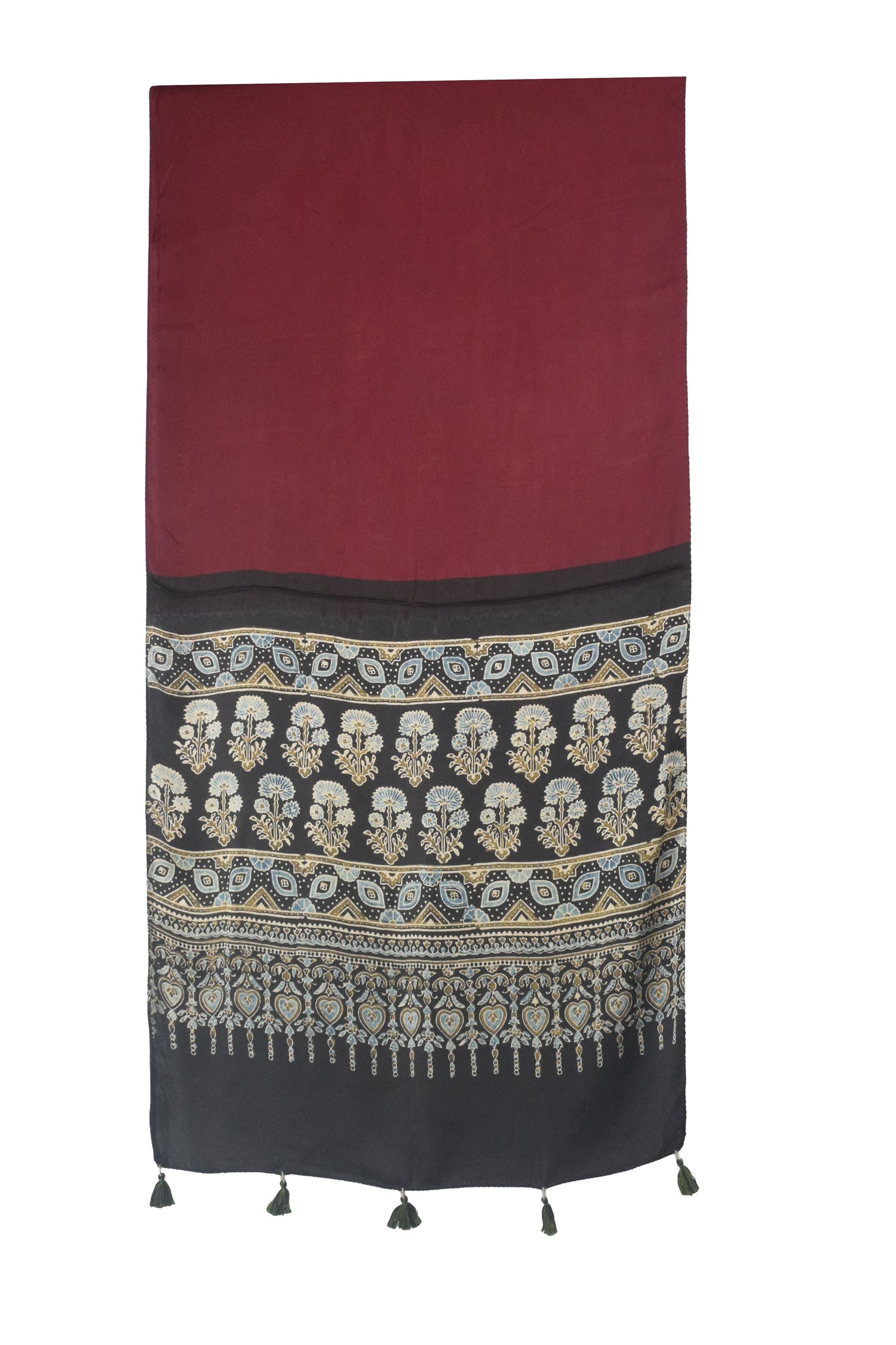 Plain Dyeing Modal Silk Part Natural Dye Half Ajrakh Hand Block Print Stole with Tassels