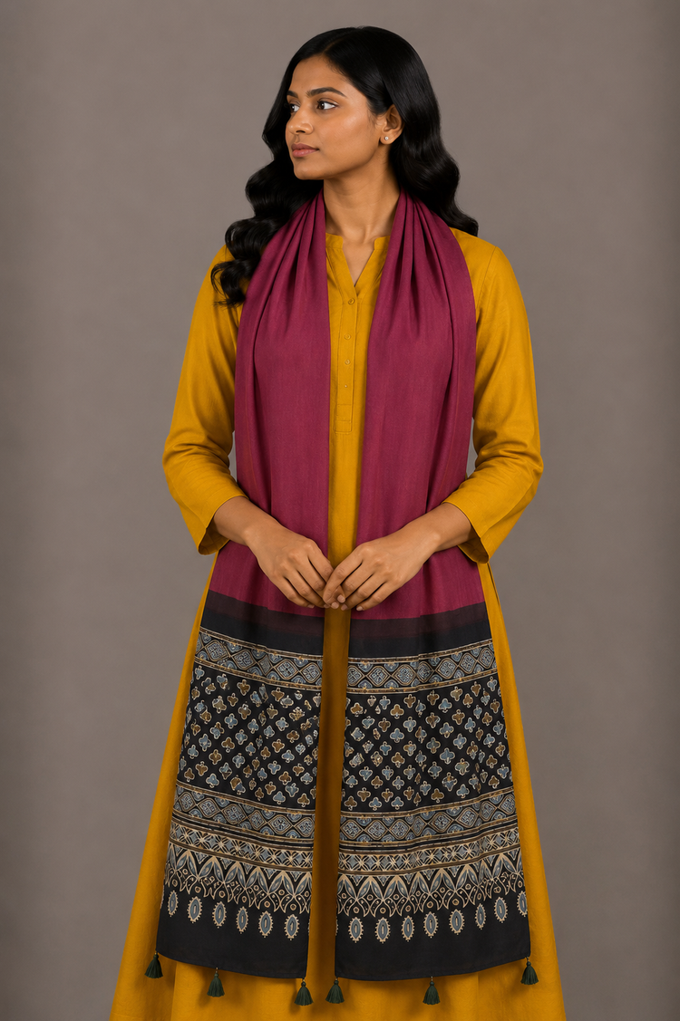 Plain Dyeing Modal Silk Part Natural Dye Half Ajrakh Hand Block Print Stole with Tassels