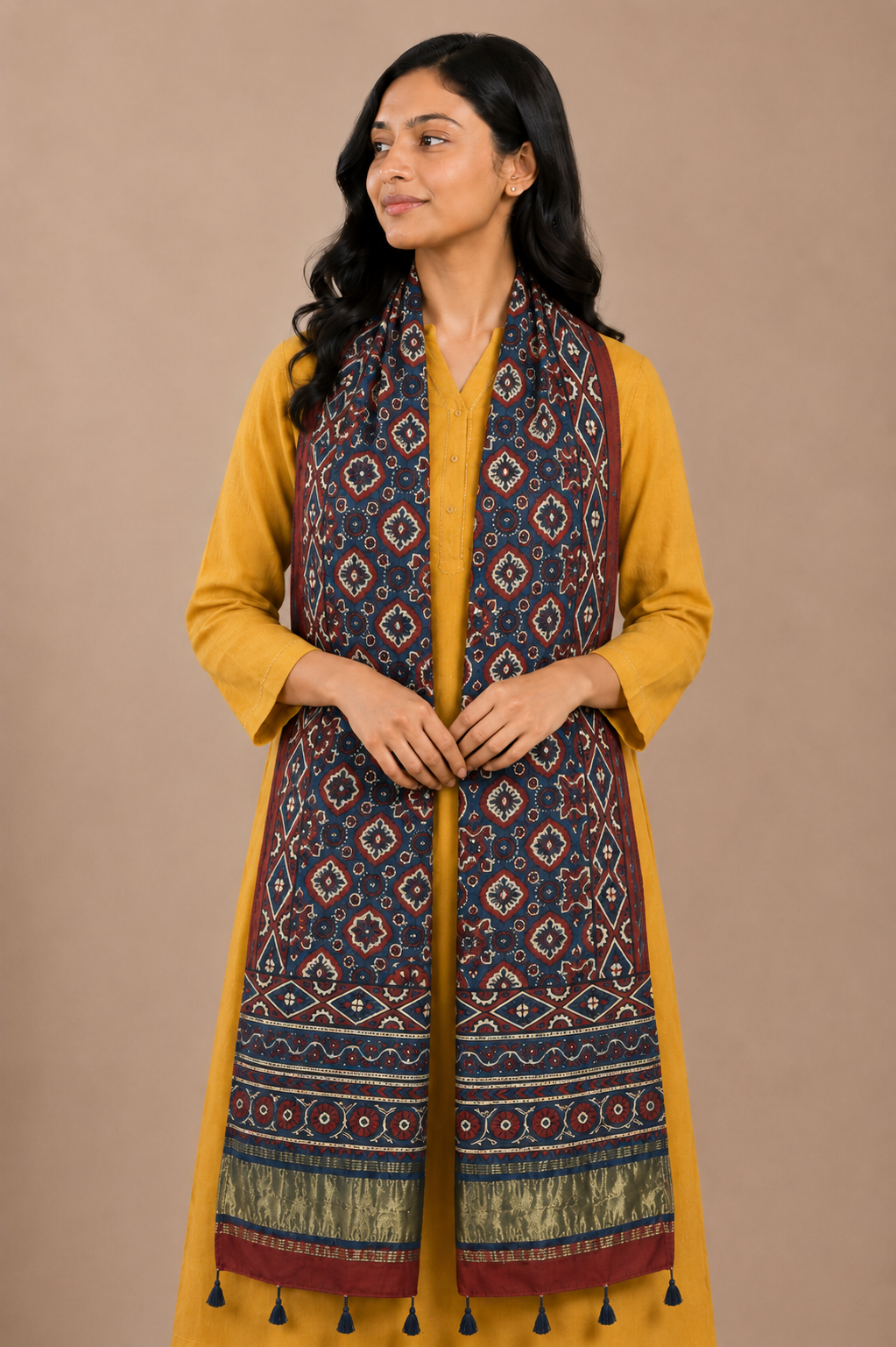 Ajrakh Modal Silk Natural Dye Hand Block Print Stole with Golden Border