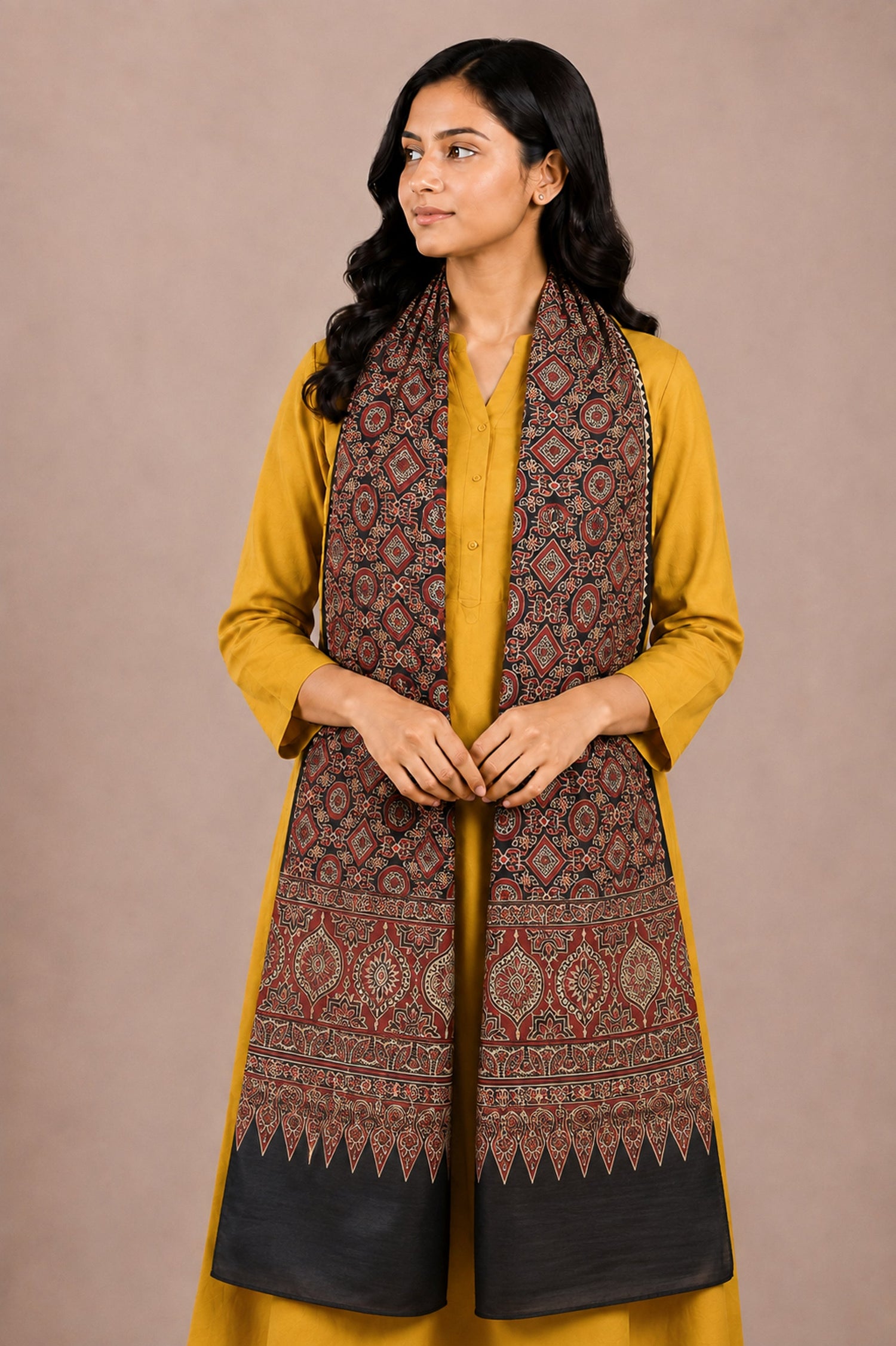 Ajrakh Mashru Silk Natural Dye Two Colour Kam Screen Hand Printed Stole