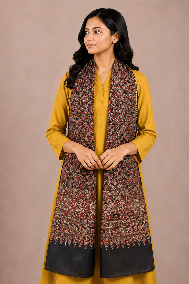 Ajrakh Mashru Silk Natural Dye Two Colour Kam Screen Hand Printed Stole
