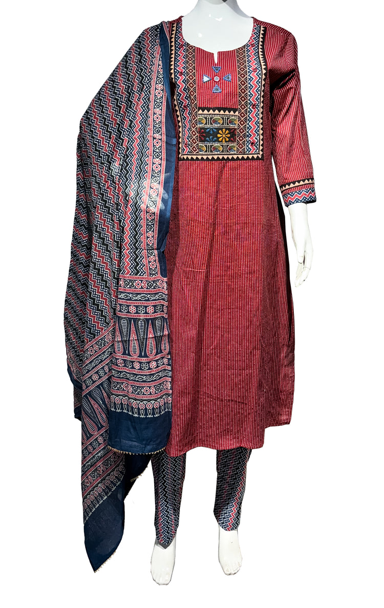 Ajrakh Cotton Part Natural Dye Kantha Work Top with Embroidery Panel Screen Print Stitched Three Piece Suit