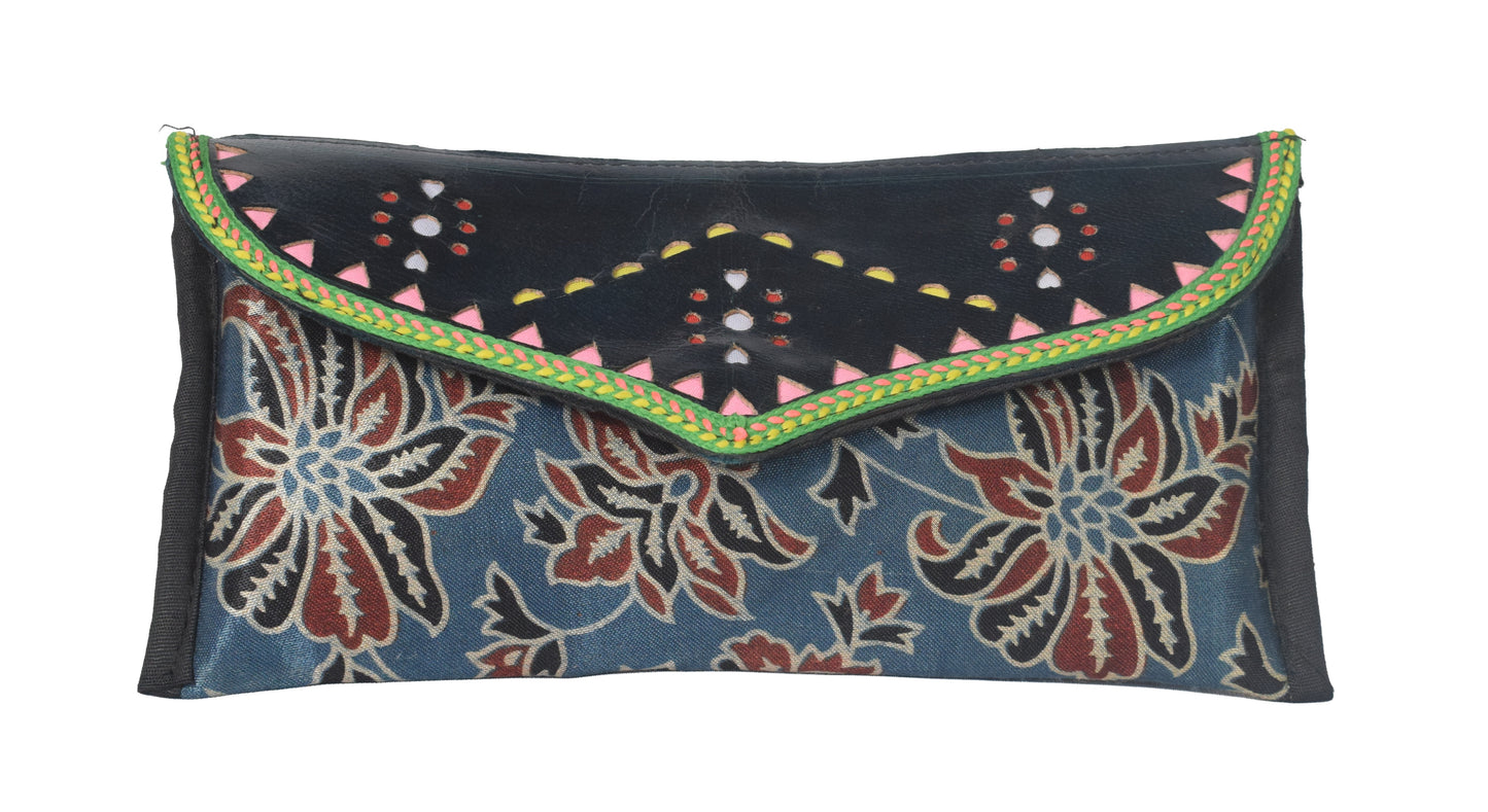 Ajrakh Mashru Silk Leathercraft Hand Made Leather Craft Punch Work Clutch  - 10.5 cms Length    -  SKU : AB26201A