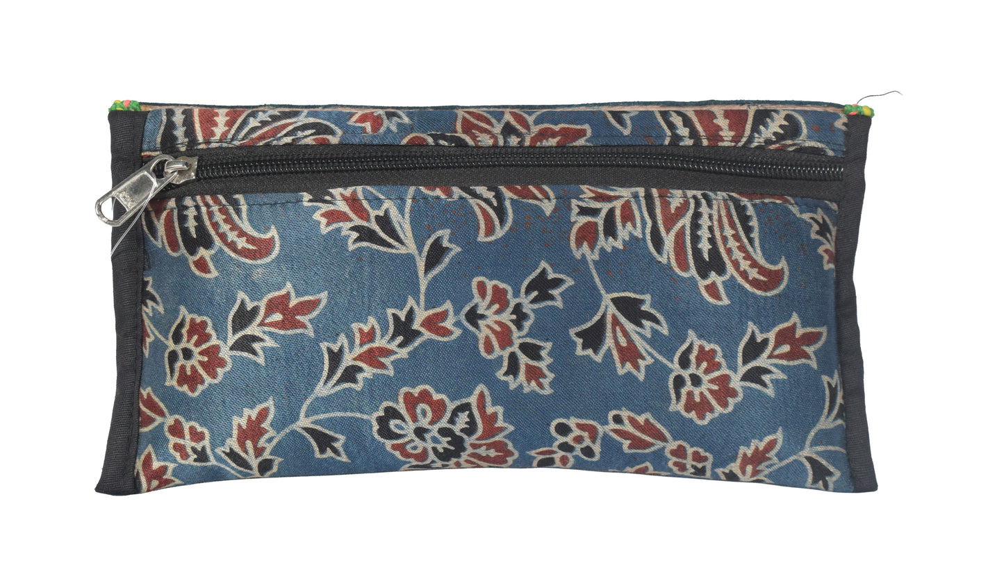 Ajrakh Mashru Silk Leathercraft Hand Made Leather Craft Punch Work Clutch  - 10.5 cms Length    -  SKU : AB26201A