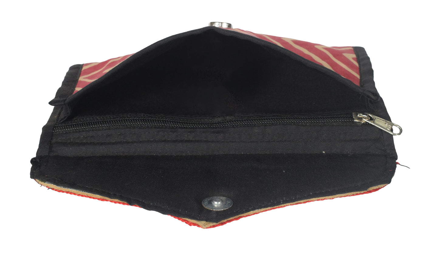 Ajrakh Mashru Silk Leathercraft Hand Made Leather Craft Punch Work Clutch  - 10.5 cms Length    -  SKU : AB26201A
