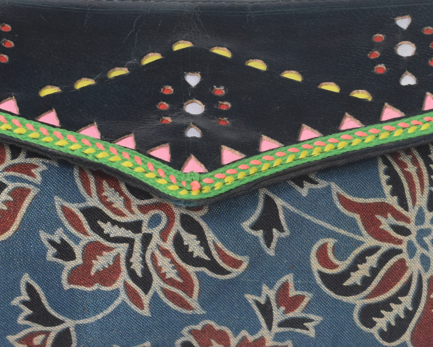 Ajrakh Mashru Silk Leathercraft Hand Made Leather Craft Punch Work Clutch  - 10.5 cms Length    -  SKU : AB26201A