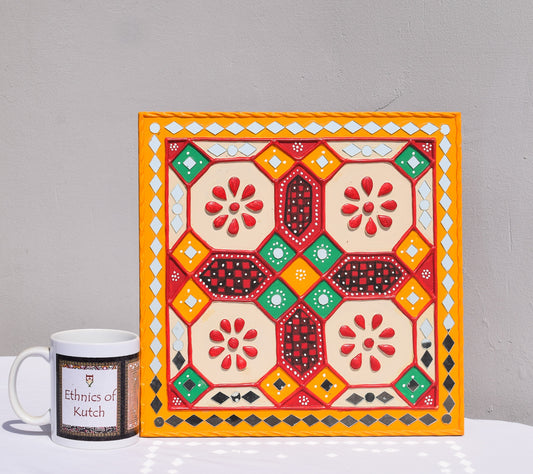 Traditional Kutch Handicraft Mud-Mirrorwork Lippan Kam Wall Art  (Water and Break Resistant) - Square (12 inch x 12 inch)    -  SKU : LKT-0284