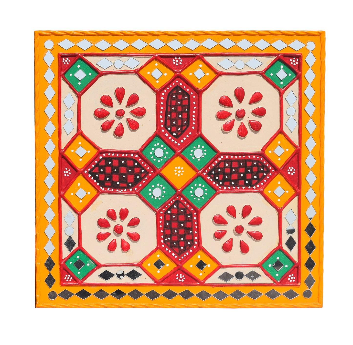 Traditional Kutch Handicraft Mud-Mirrorwork Lippan Kam Wall Art  (Water and Break Resistant) - Square (12 inch x 12 inch)    -  SKU : LKT-0284