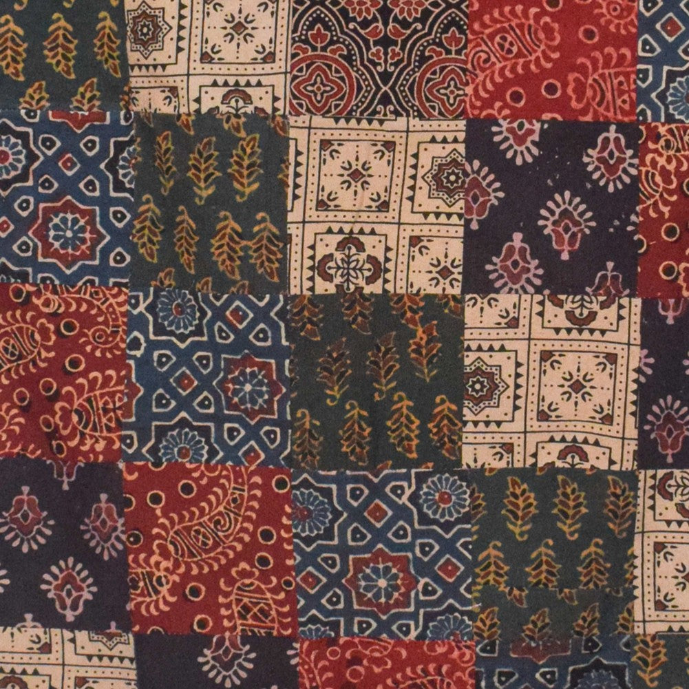 Ajrakh Cotton Natural Dye Applique ( Patches) Work Hand Block Print Stole  - 2.1 Mtr Length    -  SKU : KB25701A