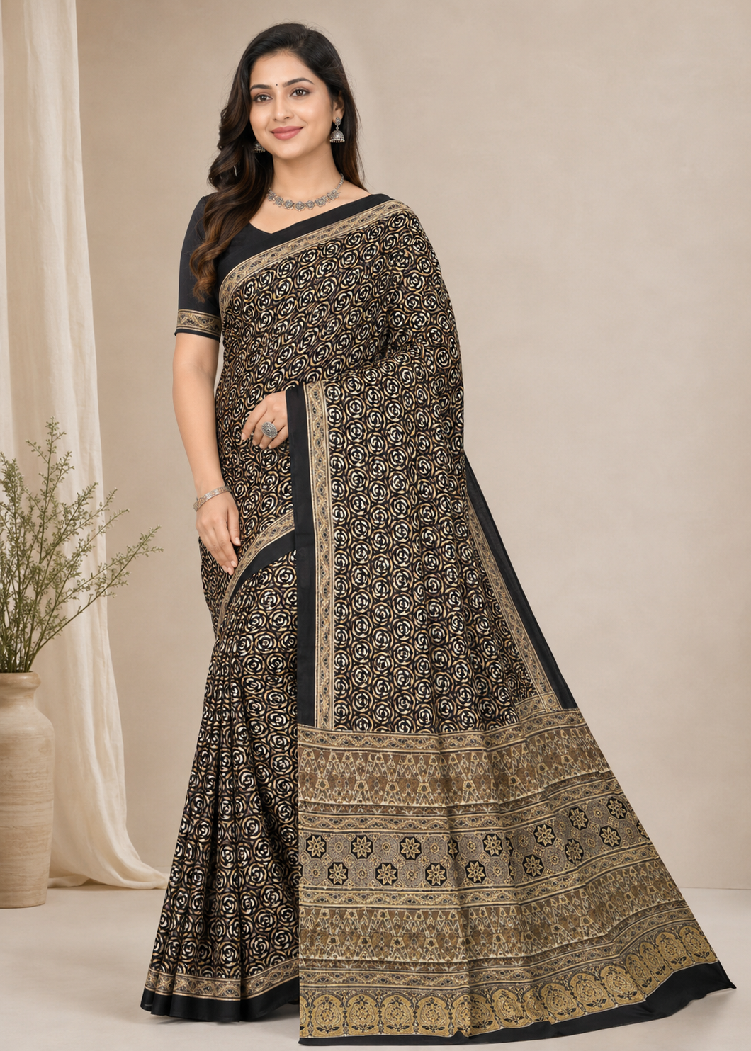 Ajrakh Modal Silk Natural Dye Hand Block Print Saree with Ajrakh Blouse Piece - 5.5 Mtr Length + 0.85 Mtr Blouse Piece    -  SKU : ID02201Y