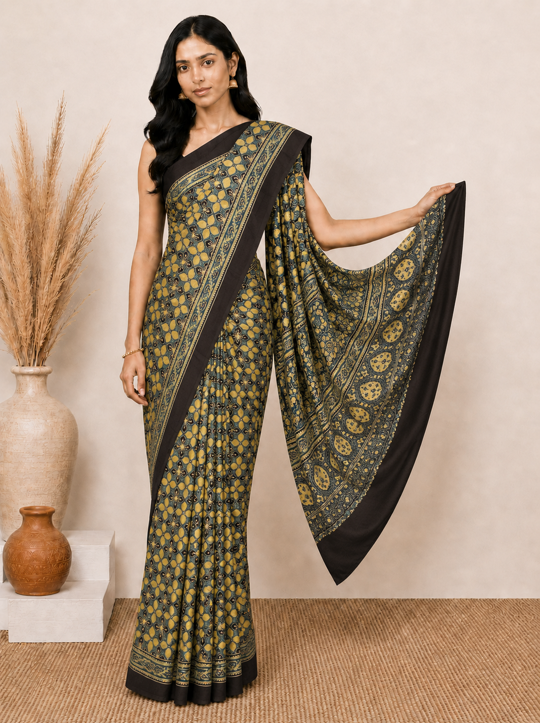 Ajrakh Modal Silk Natural Dye Hand Block Print Saree 5.5 Mtr Length + 0.85 Mtr Blouse Piece    -  SKU : ID2460AZ
