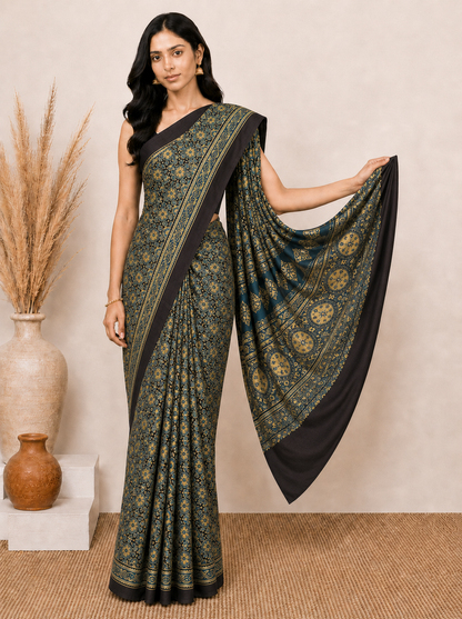Ajrakh Modal Silk Natural Dye Hand Block Print Saree 5.5 Mtr Length + 0.85 Mtr Blouse Piece    -  SKU : ID2460AT