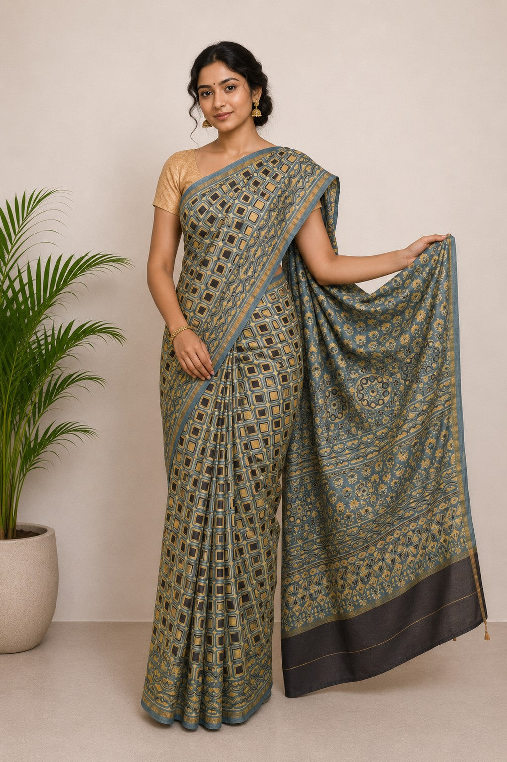 Ajrakh Chanderi Silk Natural Dye Hand Block Print Saree with Ajrakh Blouse Piece - 5.5 Mtr Length + 0.85 Mtr Blouse Piece    -  SKU : ID27904A
