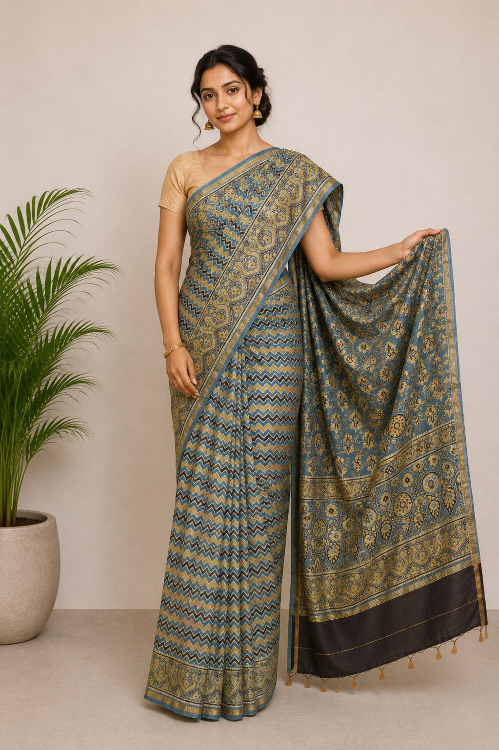 Ajrakh Chanderi Silk Natural Dye Hand Block Print Saree with Ajrakh Blouse Piece - 5.5 Mtr Length + 0.85 Mtr Blouse Piece    -  SKU : ID27904C
