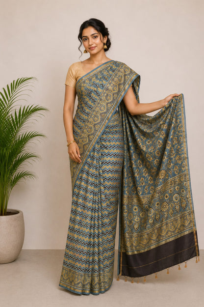 Ajrakh Chanderi Silk Natural Dye Hand Block Print Saree with Ajrakh Blouse Piece - 5.5 Mtr Length + 0.85 Mtr Blouse Piece    -  SKU : ID27904C