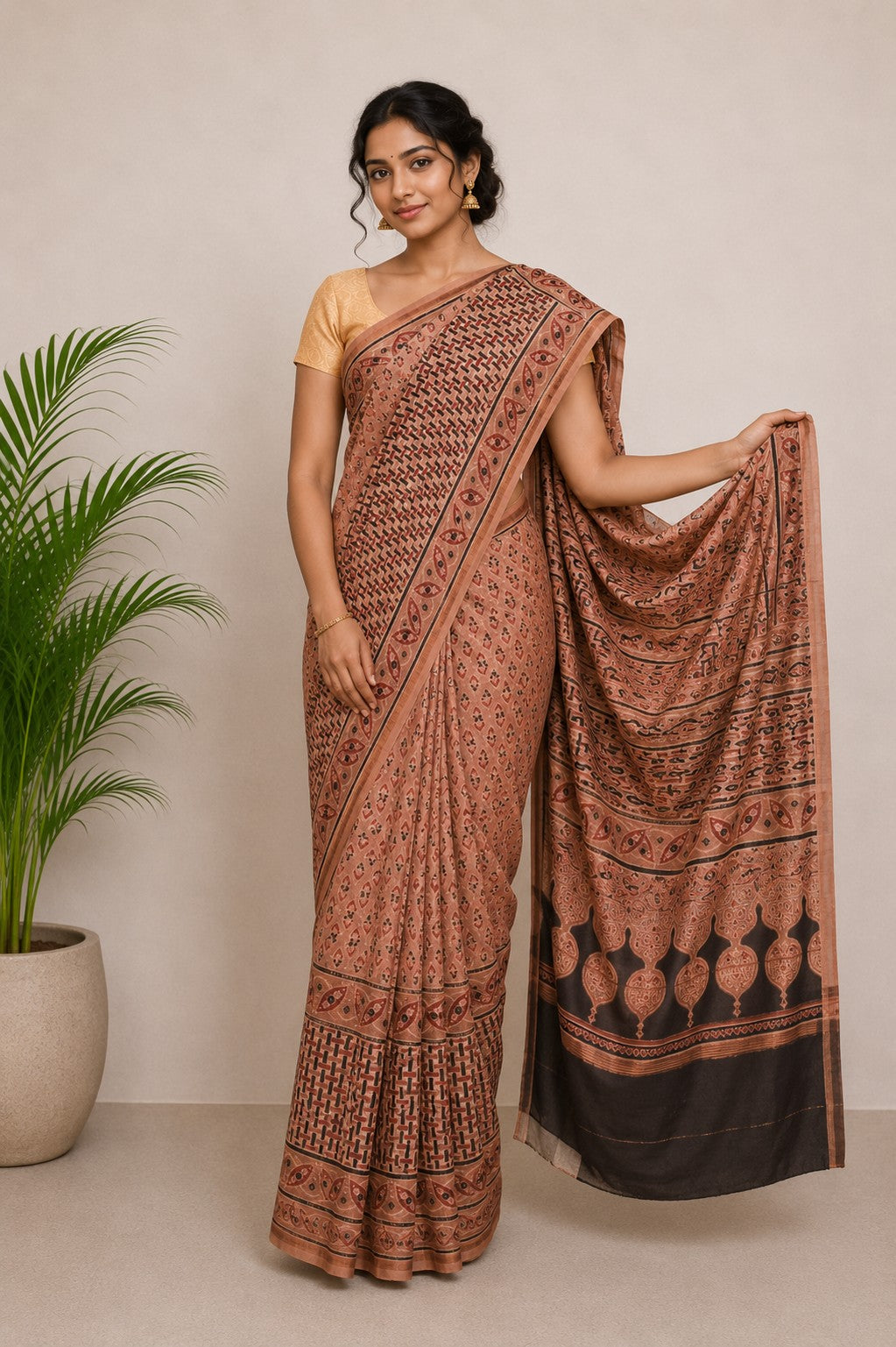 Ajrakh Chanderi Silk Natural Dye Hand Block Print Saree with Blouse Piece - 5.5 Mtr Length    -  SKU : JB01801D